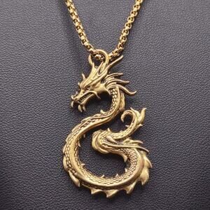 Gold Plated Steel Eastern Dragon Necklace Pendant Men's Birthday Gift NEW
